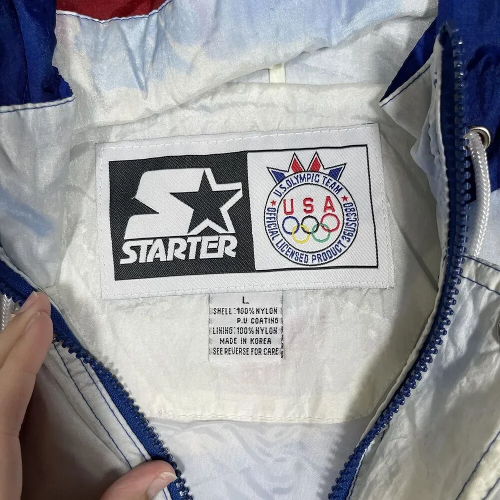 Vintage Starter Windbreaker Jacket Mens L Blue USA Olympic Hooded Pockets Lined